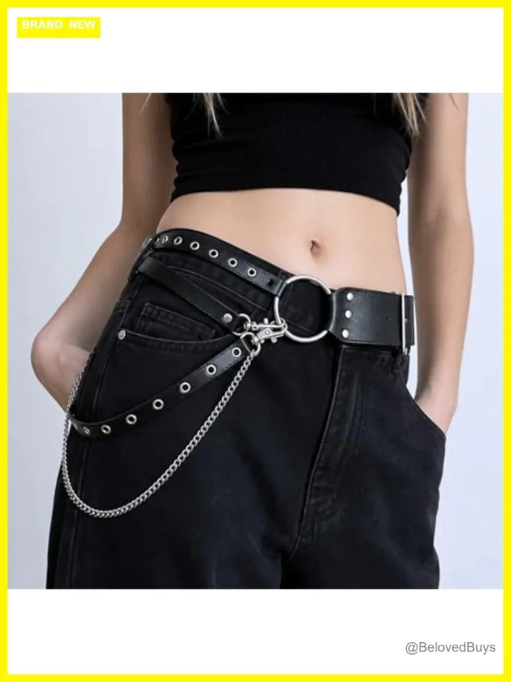 PU Leather Studded Belt & Layered Chain Set Punk Y2K Streetwear Accessory